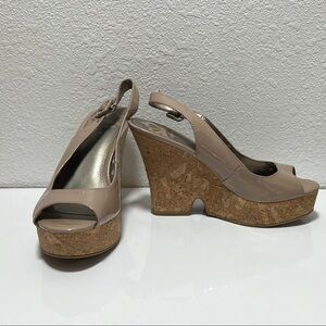 Sling Back Tan/ Camel Patent Wedge Sandals